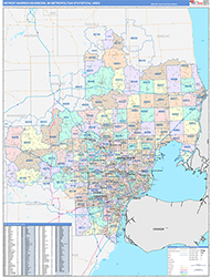 Detroit-Warren-Dearborn Metro Area Wall Map Color Cast Style 2026